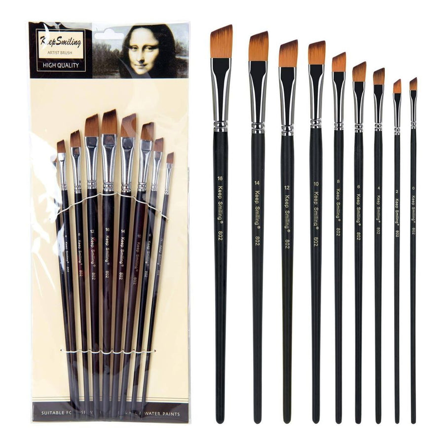 Keep Smiling Artist Flat Brushes — Pack of 9, Long Handle